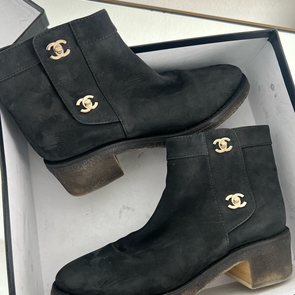 CHANEL Shoes - CHANEL Black Nubuck Leather Short Boots with GOLDTONE CC